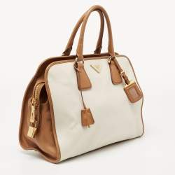 Pre Owned Prada Brown/Off White Saffiano Lux Leather Canapa Tote