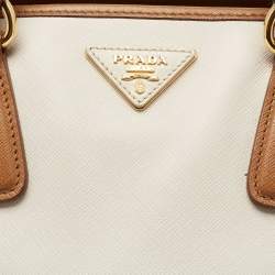 Pre Owned Prada Brown/Off White Saffiano Lux Leather Canapa Tote