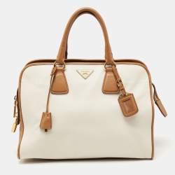 Pre Owned Prada Brown/Off White Saffiano Lux Leather Canapa Tote