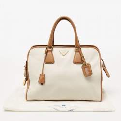 Pre Owned Prada Brown/Off White Saffiano Lux Leather Canapa Tote