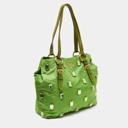 Pre Owned Prada Apple Green Nylon and Patent Leather Jewel Embellished Tote