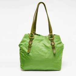 Pre Owned Prada Apple Green Nylon and Patent Leather Jewel Embellished Tote