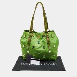 Pre Owned Prada Apple Green Nylon and Patent Leather Jewel Embellished Tote