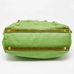 Pre Owned Prada Apple Green Nylon and Patent Leather Jewel Embellished Tote