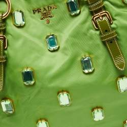 Pre Owned Prada Apple Green Nylon and Patent Leather Jewel Embellished Tote