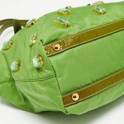 Pre Owned Prada Apple Green Nylon and Patent Leather Jewel Embellished Tote