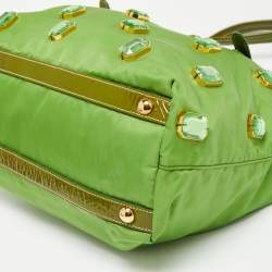 Pre Owned Prada Apple Green Nylon and Patent Leather Jewel Embellished Tote
