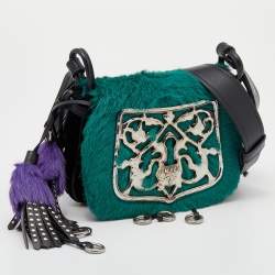 Pre Owned Prada Black/Green Calf Hair And Quilted Velvet Small Corsaire Shoulder Bag