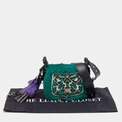 Pre Owned Prada Black/Green Calf Hair And Quilted Velvet Small Corsaire Shoulder Bag