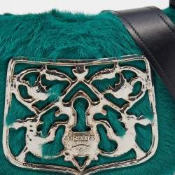 Pre Owned Prada Black/Green Calf Hair And Quilted Velvet Small Corsaire Shoulder Bag