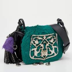 Pre Owned Prada Black/Green Calf Hair And Quilted Velvet Small Corsaire Shoulder Bag