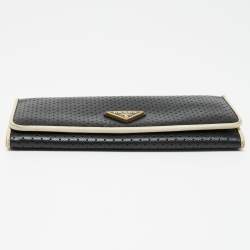 Pre Owned Prada Black/White Perforated Saffiano Leather Flap Continental Wallet