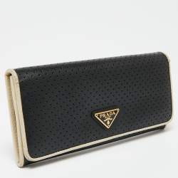 Pre Owned Prada Black/White Perforated Saffiano Leather Flap Continental Wallet