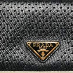 Pre Owned Prada Black/White Perforated Saffiano Leather Flap Continental Wallet