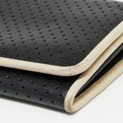 Pre Owned Prada Black/White Perforated Saffiano Leather Flap Continental Wallet