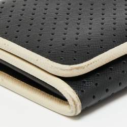 Pre Owned Prada Black/White Perforated Saffiano Leather Flap Continental Wallet
