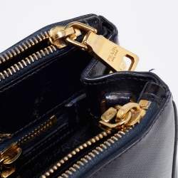 Pre Owned Prada Navy Blue Saffiano Lux Leather Small Double Zip Tote