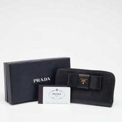 Pre Owned Prada Black Saffiano Leather Bow Zip Around Wallet