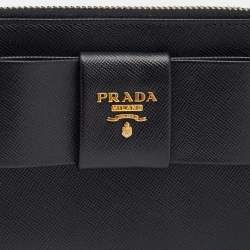 Pre Owned Prada Black Saffiano Leather Bow Zip Around Wallet