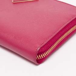 Pre Owned Prada Pink Saffiano Lux Leather Zip Around Wallet
