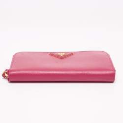 Pre Owned Prada Pink Saffiano Lux Leather Zip Around Wallet
