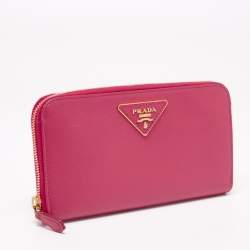 Pre Owned Prada Pink Saffiano Lux Leather Zip Around Wallet