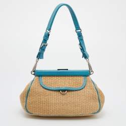 Pre Owned Prada Beige/Blue Straw and Leather Shoulder Bag