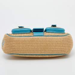 Pre Owned Prada Beige/Blue Straw and Leather Shoulder Bag