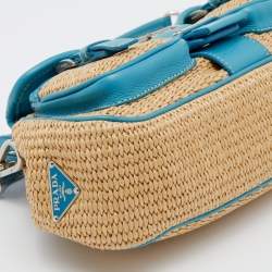Pre Owned Prada Beige/Blue Straw and Leather Shoulder Bag