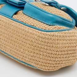 Pre Owned Prada Beige/Blue Straw and Leather Shoulder Bag