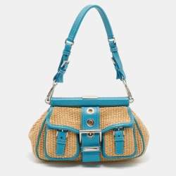 Pre Owned Prada Beige/Blue Straw and Leather Shoulder Bag