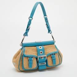 Pre Owned Prada Beige/Blue Straw and Leather Shoulder Bag