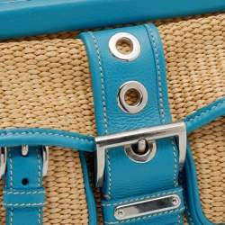 Pre Owned Prada Beige/Blue Straw and Leather Shoulder Bag