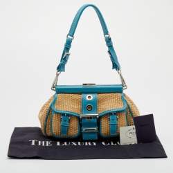 Pre Owned Prada Beige/Blue Straw and Leather Shoulder Bag