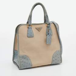 Pre Owned Prada Blue/Beige Ostrich and Canvas Tote