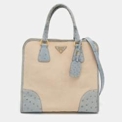 Pre Owned Prada Blue/Beige Ostrich and Canvas Tote