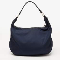 Pre Owned Prada Navy Blue Nylon and Leather Logo Zip Hobo