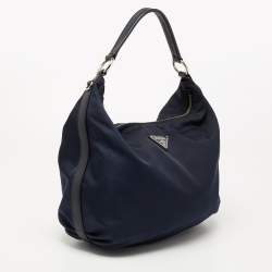 Pre Owned Prada Navy Blue Nylon and Leather Logo Zip Hobo