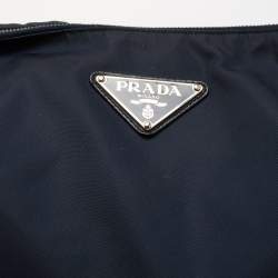 Pre Owned Prada Navy Blue Nylon and Leather Logo Zip Hobo