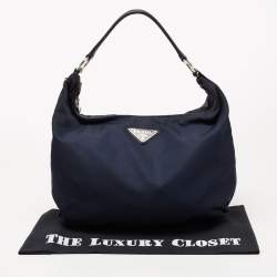 Pre Owned Prada Navy Blue Nylon and Leather Logo Zip Hobo