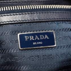 Pre Owned Prada Navy Blue Nylon and Leather Logo Zip Hobo