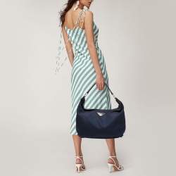 Pre Owned Prada Navy Blue Nylon and Leather Logo Zip Hobo