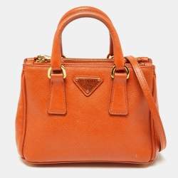 Prada Orange Saffiano Lux Leather Mini Double Zip Crossbody Bag