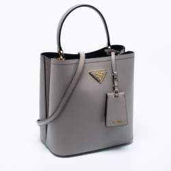 Pre Owned Prada Grey Saffiano Lux Leather Medium Panier Top Handle Bag