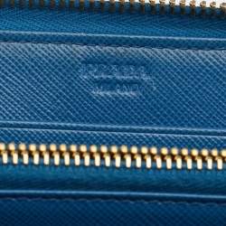 Pre Owned Prada Blue Saffiano Lux Leather Zip Around Wallet