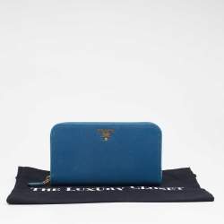 Pre Owned Prada Blue Saffiano Lux Leather Zip Around Wallet
