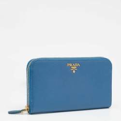Pre Owned Prada Blue Saffiano Lux Leather Zip Around Wallet