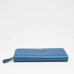 Pre Owned Prada Blue Saffiano Lux Leather Zip Around Wallet