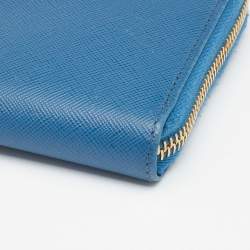 Pre Owned Prada Blue Saffiano Lux Leather Zip Around Wallet