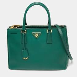 Pre Owned Prada Green Saffiano Lux Leather Medium Double Zip Tote